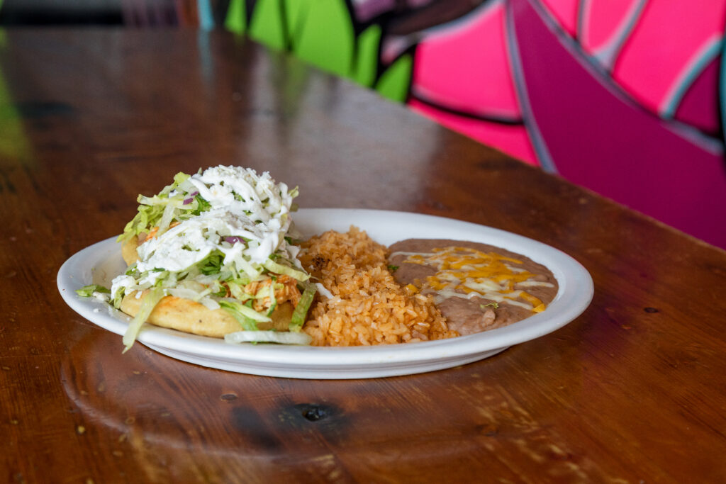 Mexican dinner plate with rice and beans at Señor Taps
