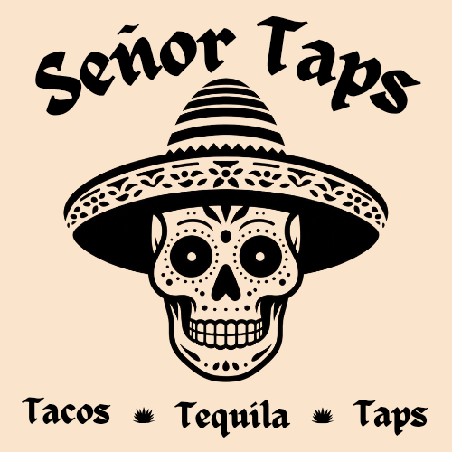 Señor Taps logo with sugar skull wearing a sombrero